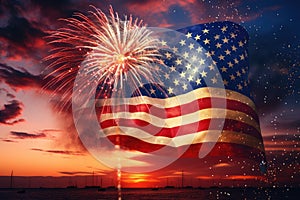 USA flag and fireworks on the background of the sea and the sky, American Celebration Usa Flag And Fireworks At Sunset, AI