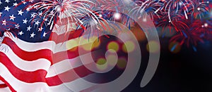 USA flag with fireworks on bokeh background