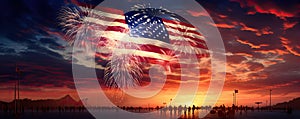 USA Flag and fireworks at sunset light. American celebration days