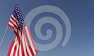 USA flag on flagpole on blue background. Place for text. The flag is unfurling in wind. United States of America. washington. 3D