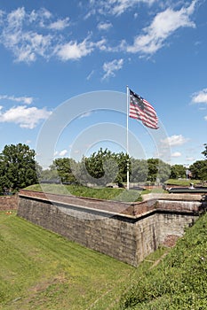 USA Flag Flies above Fort Jay on Governors Island in New York City