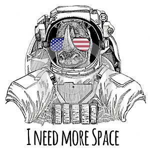 Usa flag glasses American flag United states flag Rhinoceros, rhino wearing space suit Wild animal astronaut Spaceman