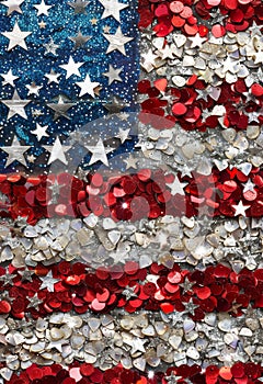 USA flag made from glitter stars confetti. Template for celebrating United States of America national holidays - 4th of July,