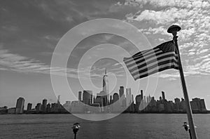 USA flag. Memorial Day, Veteran's Day, 4th of July. American Flag Waving near New York City, Manhattan view