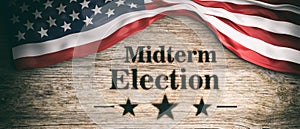 USA flag and midterm elections, wooden background, 3d illustration