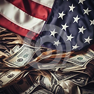 USA flag with money waving in the wind for America symbole of US
