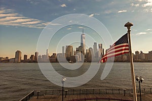 USA flag in NY. US American flag on NYC from drone. American Memorial, Veteran's Day, 4th of July. American Flag