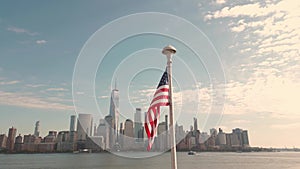 USA flag in NY. US American flag on NYC from drone. American Memorial, Veteran's Day, 4th of July. American Flag