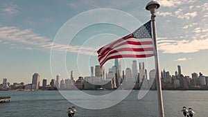 USA flag in NY. US American flag on NYC from drone. American Memorial, Veteran's Day, 4th of July. American Flag