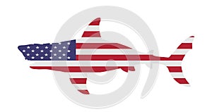 USA flag over Shark vector silhouette isolated on white. Sea predator. Danger on beach alert. Open jaws beast. The biggest fear.