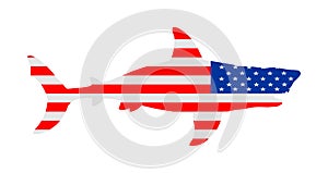 USA flag over Shark vector silhouette isolated on white. Sea predator. Danger on beach alert. Open jaws beast. Fear for divers.