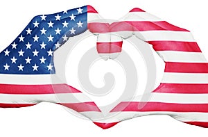 USA flag painted on hands forming a heart isolated on white background, United States of America national and patriotism concept