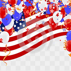 USA flag with party banner with Balloons background for 4 july independence day