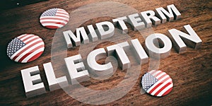 USA flag pin button, midterm elections, wooden background, 3d illustration.