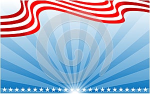 USA flag ribbon on blue radiant background vector design template.