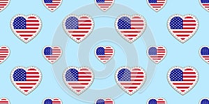 USA flag seamless pattern. Vector The United States of America flags stikers. Love hearts symbols. Background for american english