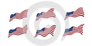 USA flag. Set of dynamic US flag symbols waving in the wind isolated on white background. State symbol, badge, icon, emblem