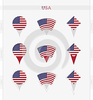 USA flag, set of location pin icons of USA flag