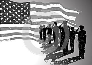 USA flag with soldiers saluting. photo