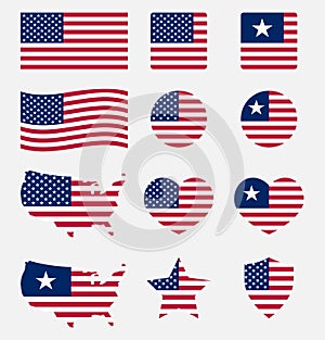 USA flag symbols set, United states of America national flag icons