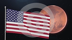 USA flag waving on the background of the planet Mars. Mars exploration concept