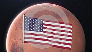 USA flag waving on the background of the planet Mars. Mars exploration concept