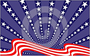 USA flag waving ribbon on starry rays holiday background.
