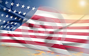 Usa flag waving in the wind, Flag of american country on sunset or sunrise