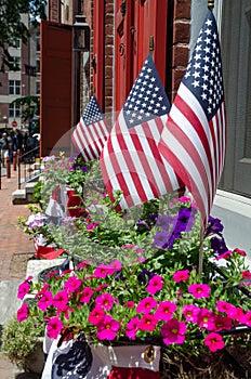 Usa flags at Elfreth's Alley in Philadelphia