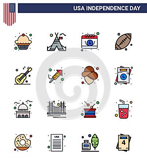 16 USA Flat Filled Line Signs Independence Day Celebration Symbols of usa; guiter; calendar; usa; footbal