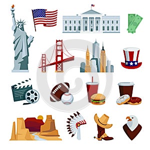 Usa flat icons set with american national symbols and skyline attractions