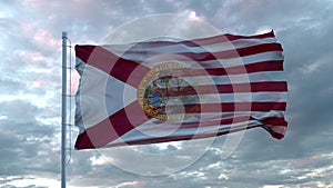 USA and Florida Mixed Flag waving in wind. Florida and USA flag on flagpole. 3d rendering