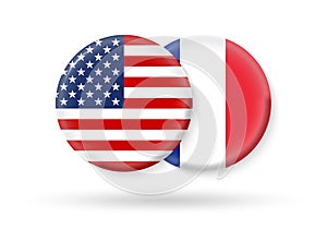 USA and France circle flags. 3d icon. Round French and American national symbols. Vector illustration