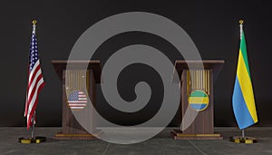USA and Gabon flags. USA and Gabon flag. USA and  Gabon negotiations. Rostrum for speeches. 3D work and 3D image