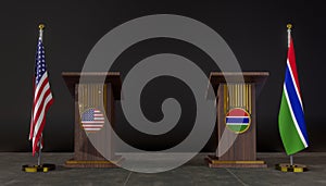 USA and Gambia flags. USA and Gambia flag. USA and Gambia negotiations. Rostrum for speeches. 3D work and 3D image