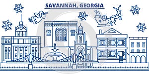 USA, Georgia, Savannah winter city skyline. Merry Christmas and Happy New Year decorated banner. Winter greeting card