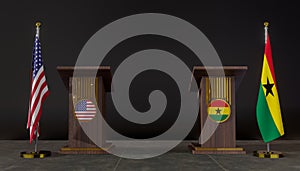 USA and Ghana flags. USA and Ghana flag. USA and Ghana negotiations. Rostrum for speeches. 3D work and 3D image