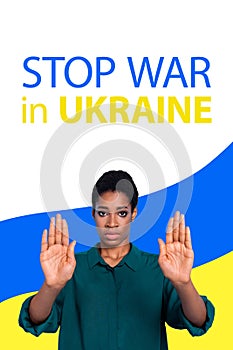 USA girl activist volunteer on square NY strike ask stop putin troops civilians violence against Ukrainian yellow blue