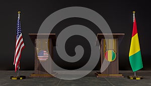 USA and Guinea flags. USA and Guinea flag. USA and Guinea negotiations. Rostrum for speeches. 3D work and 3D image