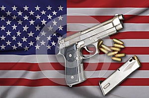 USA Gun Laws flag with pistol gun and bullet