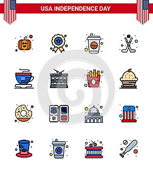 USA Happy Independence DayPictogram Set of 16 Simple Flat Filled Lines of coffee; tea; cola; sport; hokey