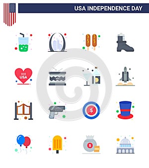 USA Happy Independence DayPictogram Set of 16 Simple Flats of american; heart; usa; american; shose