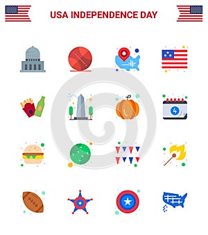 USA Happy Independence DayPictogram Set of 16 Simple Flats of frise; usa; map; flag; location pin