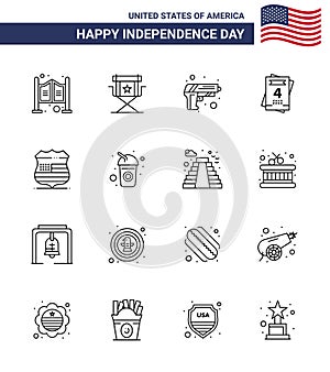 USA Happy Independence DayPictogram Set of 16 Simple Lines of sign; wedding; television; love; weapon