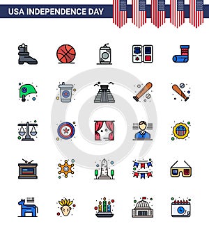 USA Happy Independence DayPictogram Set of 25 Simple Flat Filled Lines of festivity; celebration; cola; star; shield