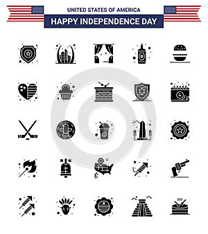 USA Happy Independence DayPictogram Set of 25 Simple Solid Glyph of eat; wine; usa; bottle; usa