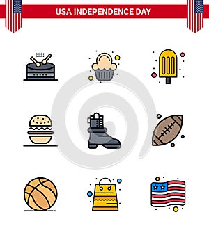 USA Happy Independence DayPictogram Set of 9 Simple Flat Filled Lines of american; shose; cream; usa; eat