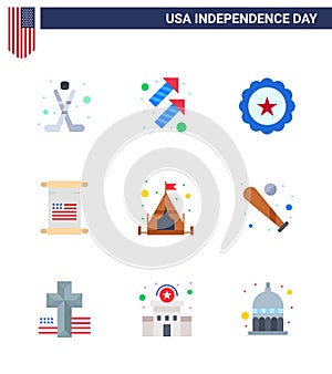 USA Happy Independence DayPictogram Set of 9 Simple Flats of camping; usa; glass; american; scroll