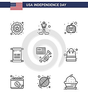 USA Happy Independence DayPictogram Set of 9 Simple Lines of laud; flag; american; usa; text