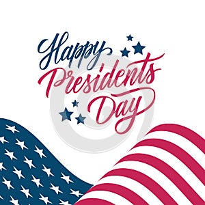 USA Happy Presidents Day greeting card with hand lettering and United States waving national flag. Washington`s birthday. photo